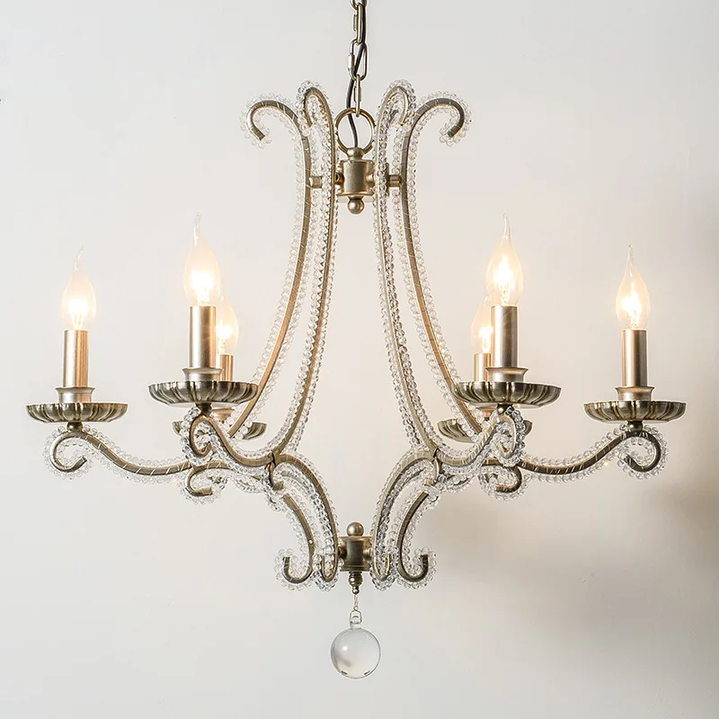 

American living room lamp, dining room lamp, wrought iron rustic, simple French crystal chandelier