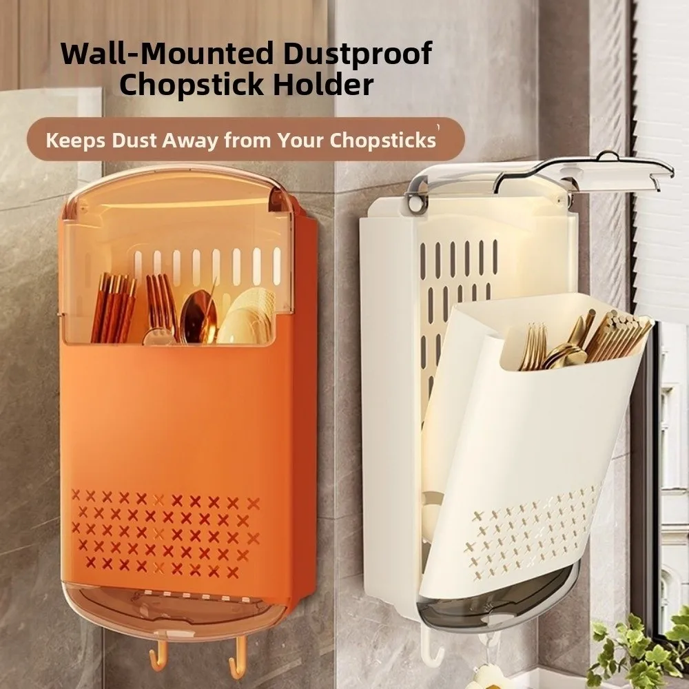 

Punch-free Chopstick Storage Box Wall-mounted with Dust Cover Chopstick Fork Spoon Organizer Space Saving Dustproof