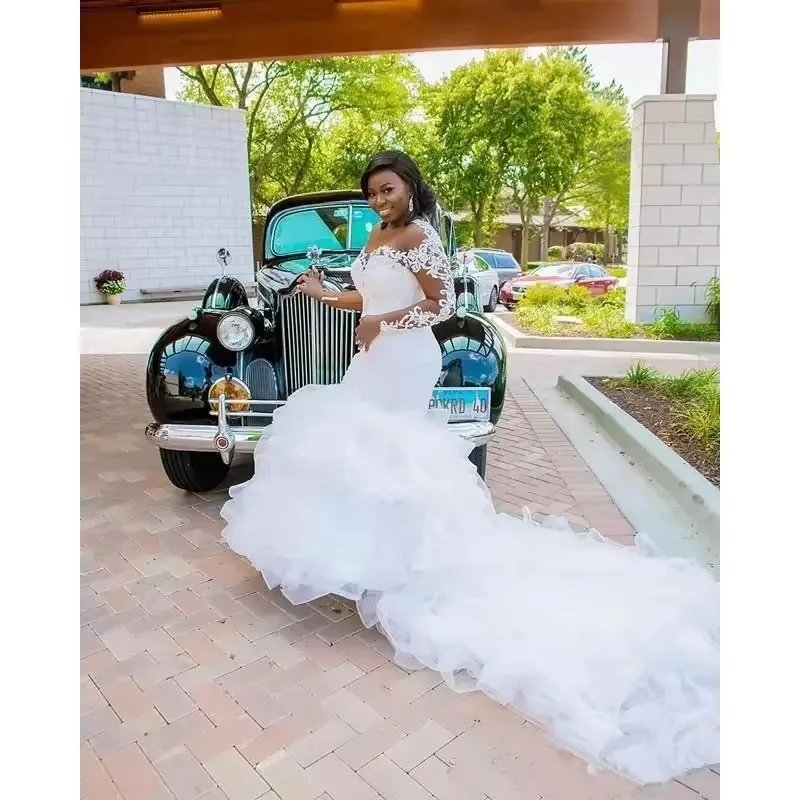 تخصيص طويلة الأكمام الدانتيل حورية البحر فساتين الزفاف مغرفة تول زين قطار الاجتياح أثواب الزفاف