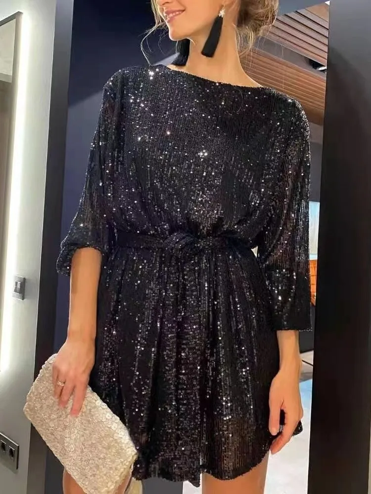

2026 New Dress Three Quarter Sleeve Sequined Mini Robe Birthday Party Prom Evening Cocktail Party Nightclub Evening Vestidos