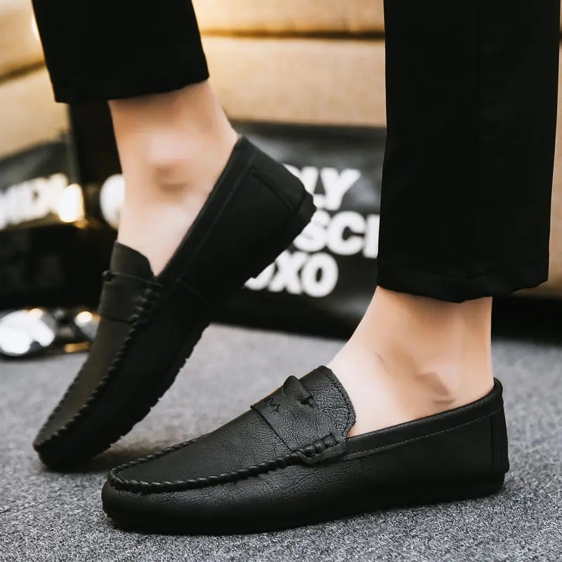 Loafers Flat Man Casual Shoe Black Leather Shoes for Men Soft Moccasin Round Toe Common Size 45 Low Price New in Cowhide Elegant