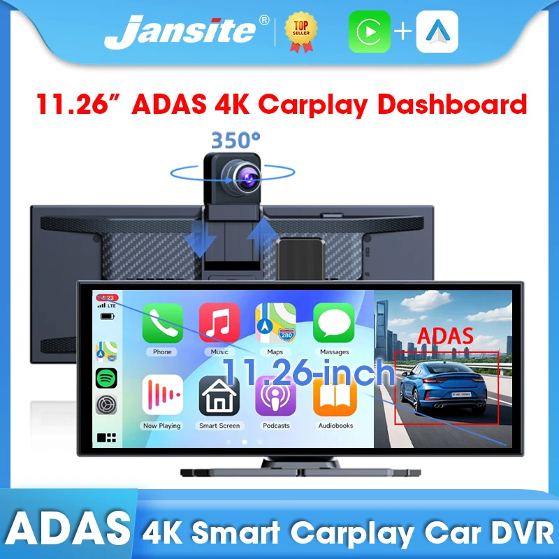 

Jansite 11.26" ADAS Car DVR 4K Dash cam Dashboard Rotatable 2160P Front Camera Wireless Carplay Android Auto Dual Lens Registrar