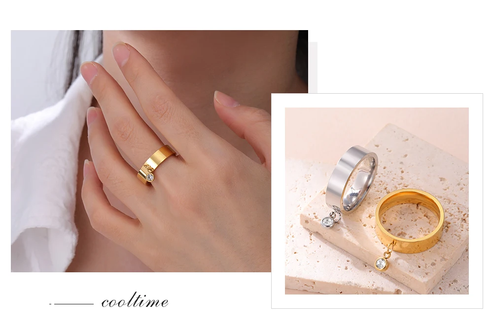 COOLTIME Mode Minimalistischen Frauen Ring Edelstahl Gold Farbe Mit Charme Zirkon Anhänger Ring Schmuck Hochzeit Geschenk – Detail 11