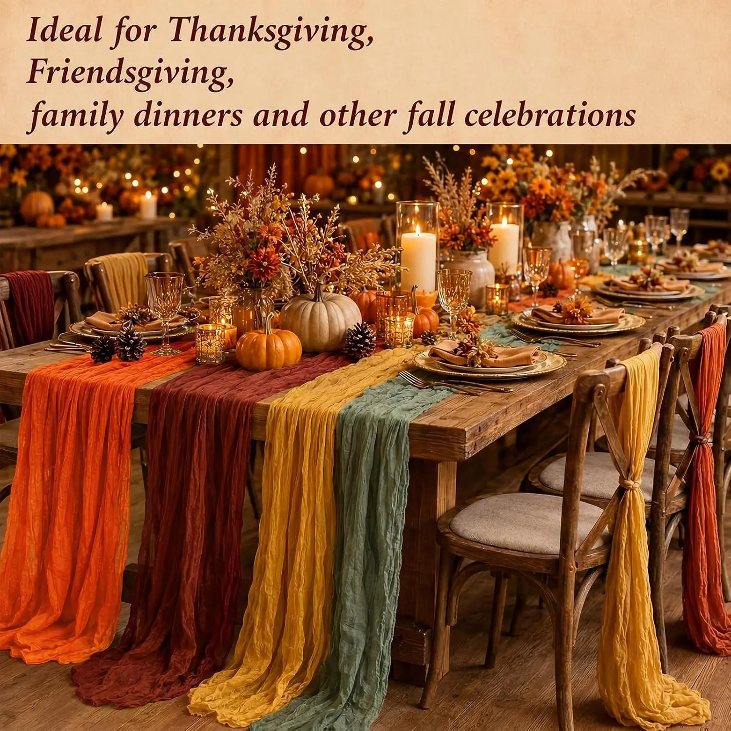 4pcs Fall Cheesecloth Table Runner Green Orange Turmeric Maple Red Decor Thanksgiving Autumn Wedding Bridal Shower Party Decor