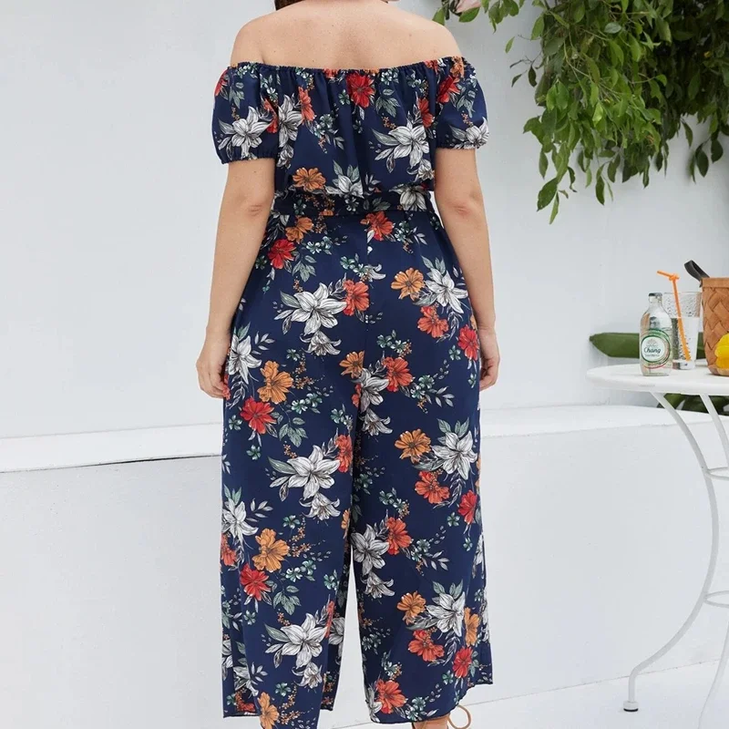 Plus Size Floral Print Elegant Summer Jumpsuits Women Slash Neck Short Sleeve Wide Leg Casual Boho Jumpsuits Large Size 6XL 7XL