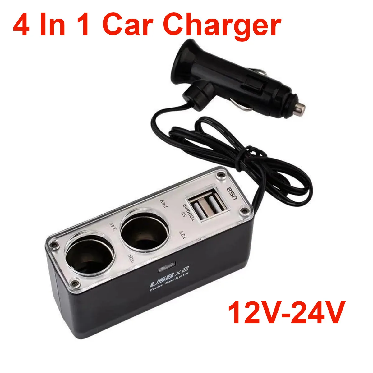 4 In 1 Car Lighter Splitter Charger Power Socket Adapter Plug 12V-24V Dual USB Ports for IPhone IPad Phone DVR GPS