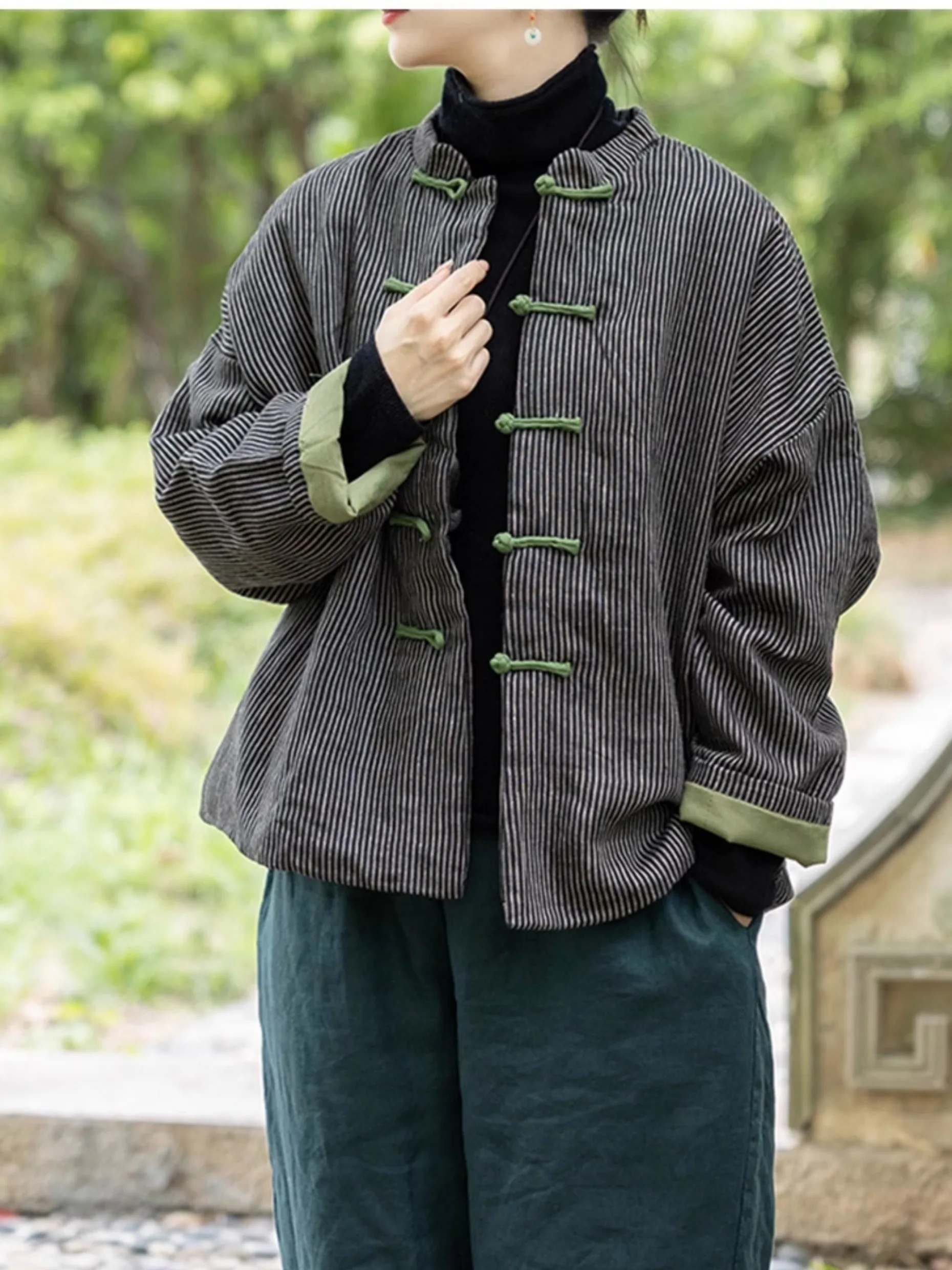Retro Chinese Cotton Linen Striped Buttoned Thiened Winter Jaet Women's Loose Warm ort Coat Long Sve Stand Collar