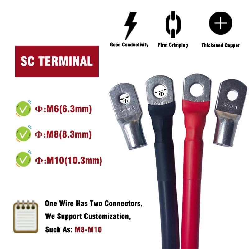 8 7 6 4 2 0AWG Red Black Super Soft Silicone Tinned Copper Wire Cable With M6 M8 M10 Terminal Lug For Inverter Car Solar
