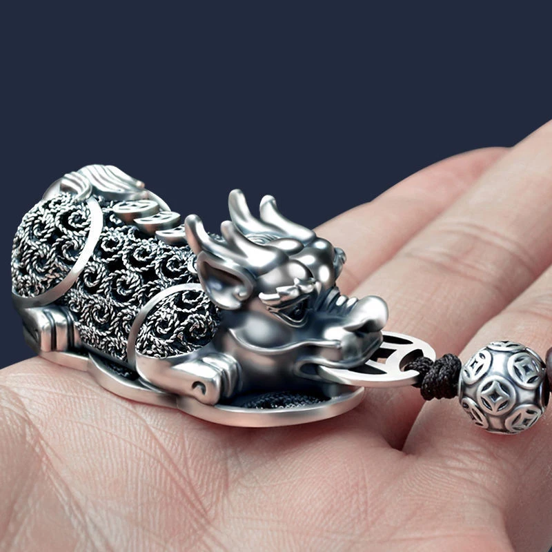 S999 Pure Silver Gold-Plated Pixiu Car Keychain Pendant  Creative Personalized Key Ring In-Stock Wholesale