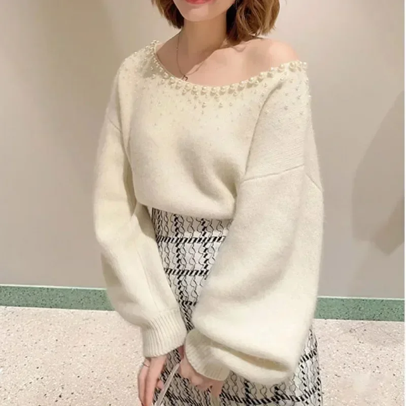 Long Bat Sleeve Ropa Mujer Japanese Pearl Sweater Spring Womens Clothing  Round Neck Pullover Tops Gentle Women Knitwears