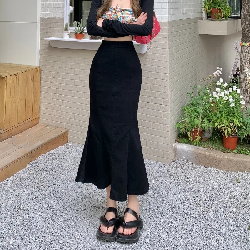 

Spring New High Waist Mid-Length Black Skirt Women's Slim Fit A-Line Half Skirt Zipper Style Korean Style Commute Pure Color