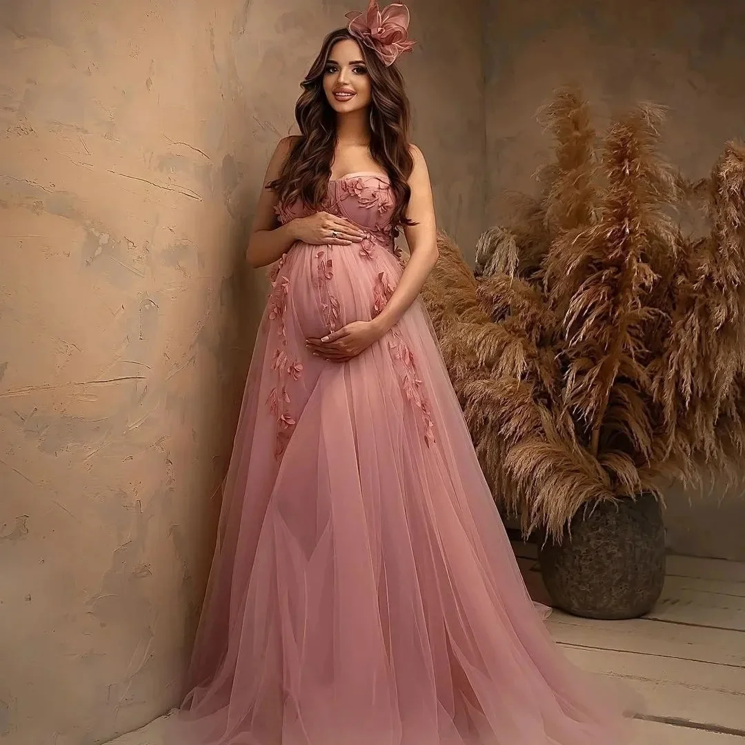 

Romantic Pink Maternity Robes Lace Appliques Sleeveless Pregnant Women Photography Dresses Sexy Floor Length Baby Shower Gowns