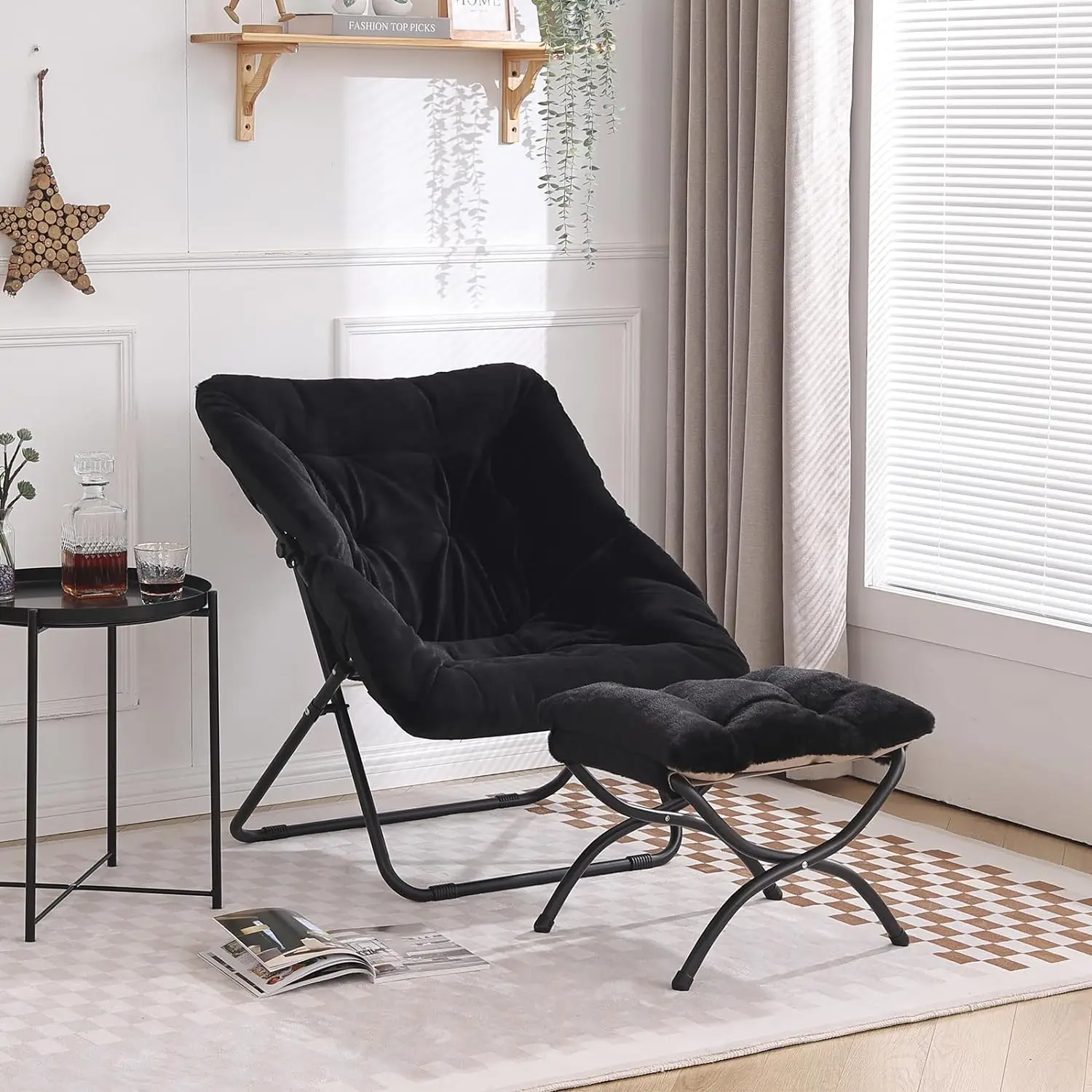 Tiita Saucer Chair with Ottoman, Soft Faux Fur Oversized Folding Accent Chair,Lounge Lazy Chair, Metal Frame Moon Chair for Bedr