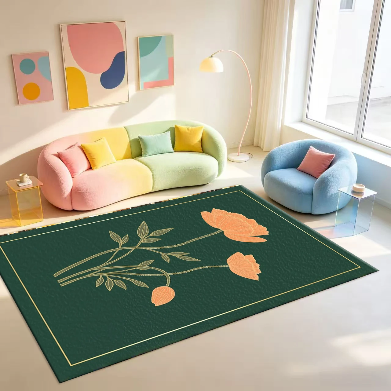 Dark Green Vintage Poppy Flower Carpet with Gold Frame Art Home Living Room Carpet