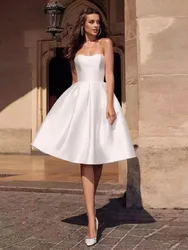 Customized Cheaper White Short Wedding Dresses Backless Knee Length Beach Bride Gown Princess Wedding Party Dresses wirh Pockets