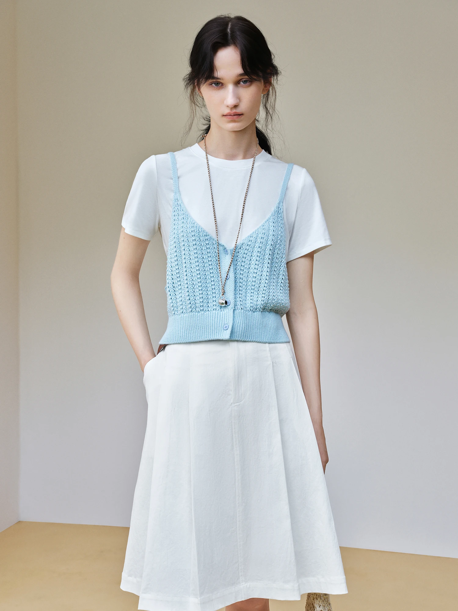 DUSHU femmes Simple tissé T-shirt bretelles costume 2025 été nouvelle mode mince deux pièces costume 25DS82766