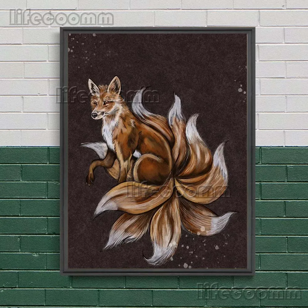 العلجوم والأرنب والغراب والقرد والأوراق مجردة جدار الفن قماش طباعة تسعة الذيل الثعلب Mysteriou الحيوان ملصق فني طباعة ديكور المنزل #5