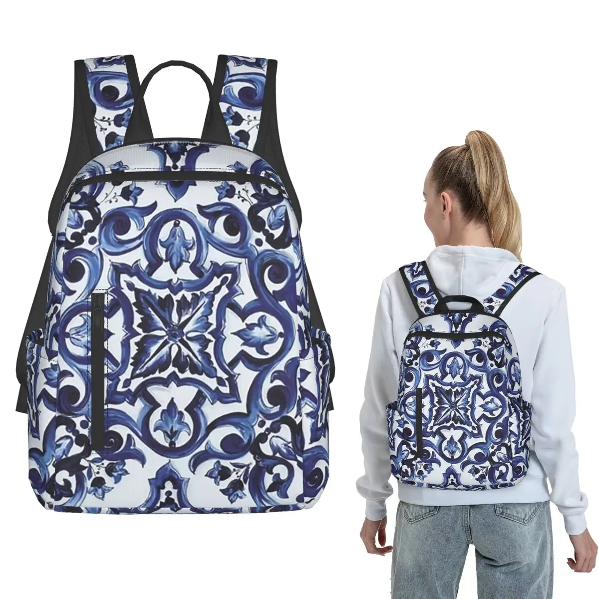 Blue Ornate Floral Mediterranean Sicilian Tile Backpack Daypack Boys Girls BookBag School Bag Shoulder Bags for Men Women