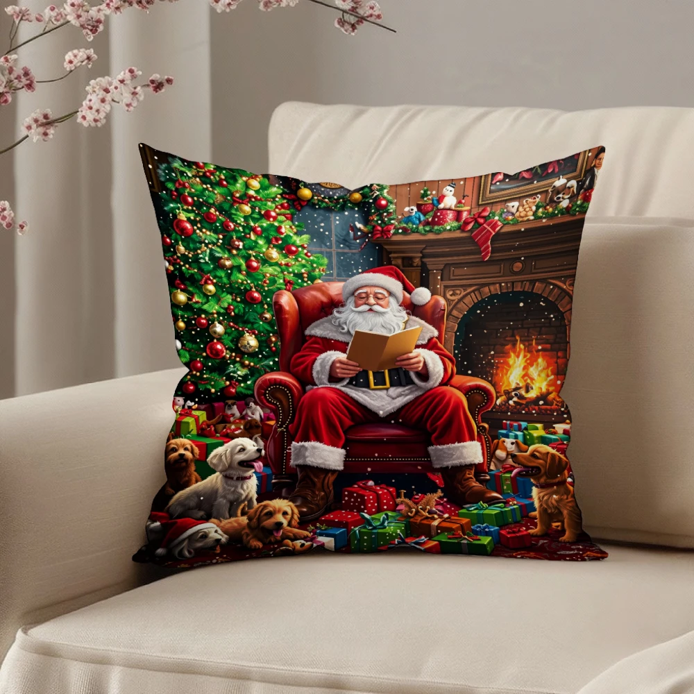 Square Throw Pillow Case Multicolor Santa Claus Reading Book By Fireplace With Christmas Tree And Gifts Decor For Living Room