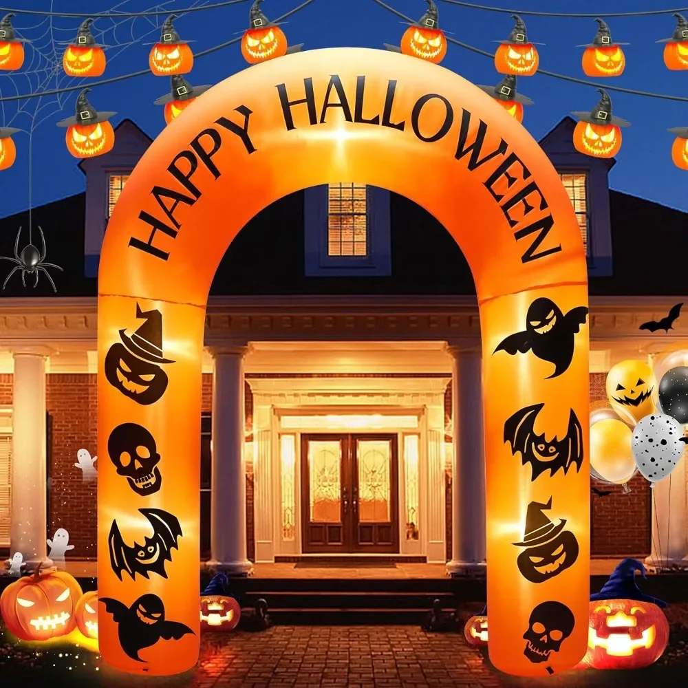 

8 FT Giant Halloween Inflatable Pumpkin Arch Outdoor Decoration (with Witch Hat Pumpkin and Skull, Bats, Ghosts), for Holidays