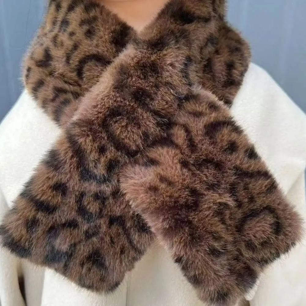 かわいい厚手の暖かいヒョウ柄スカーフソフトフェイクラビットファーぬいぐるみスカーフ防風フェイクカラーフォックススカーフ冬シーズン