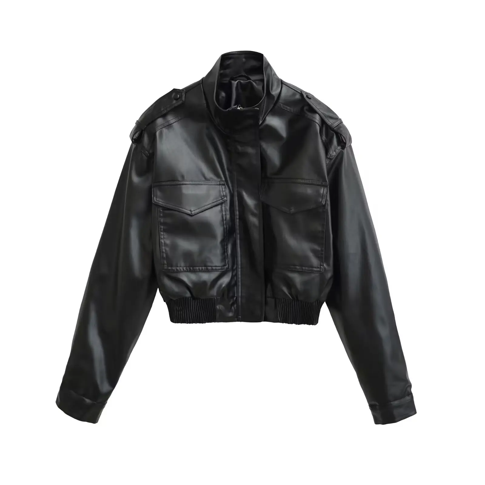 JNLEAOG mujer Faionable cuero Jaet ort Sve largo Sve Stand Collar Pilot Sle otoño nueva llegada abrigo de mujer