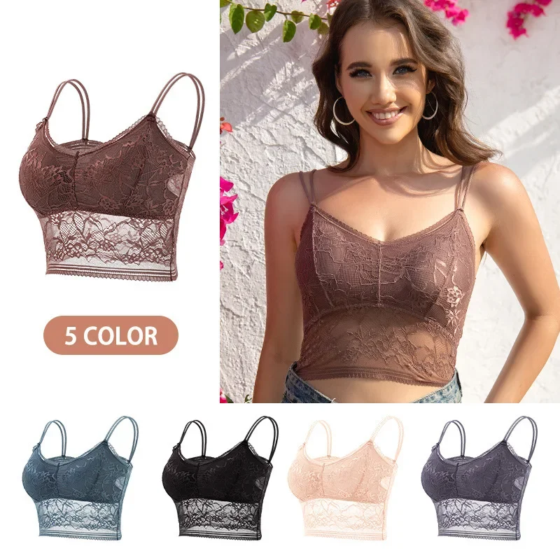 Bra wanita renda pakaian dalam Solid bunga Hollow Out seksi Bralette tanpa kabel Push Up bernapas tali rompi empuk Lingerie M-2XL