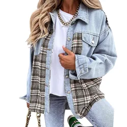 2023 New Winter Fashion Plaid Color Matching Trend Casual Shake Head Button Shirt Collar Versatile Commuting Style Denim Jacket