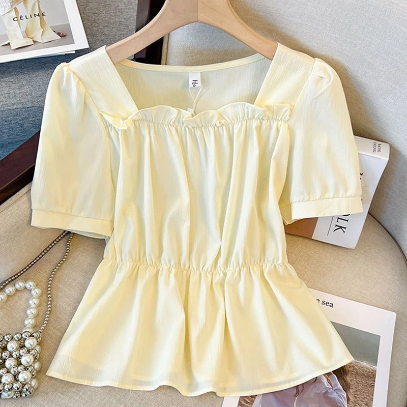 

Chic Square Collar Puff Short Sleeve Women Blouses 2025 Summer Pleated Ruffled Waist Tight Slim Top Korean Versatile Solid Shirt