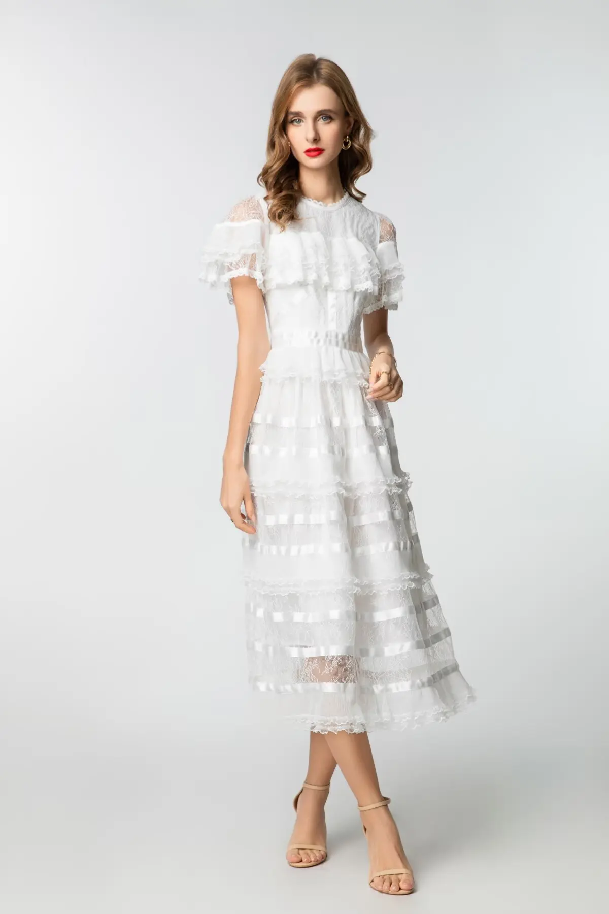 Vestidos femininos o pescoço mangas curtas sexy fora do ombro em camadas rendas elegante designer vestidos