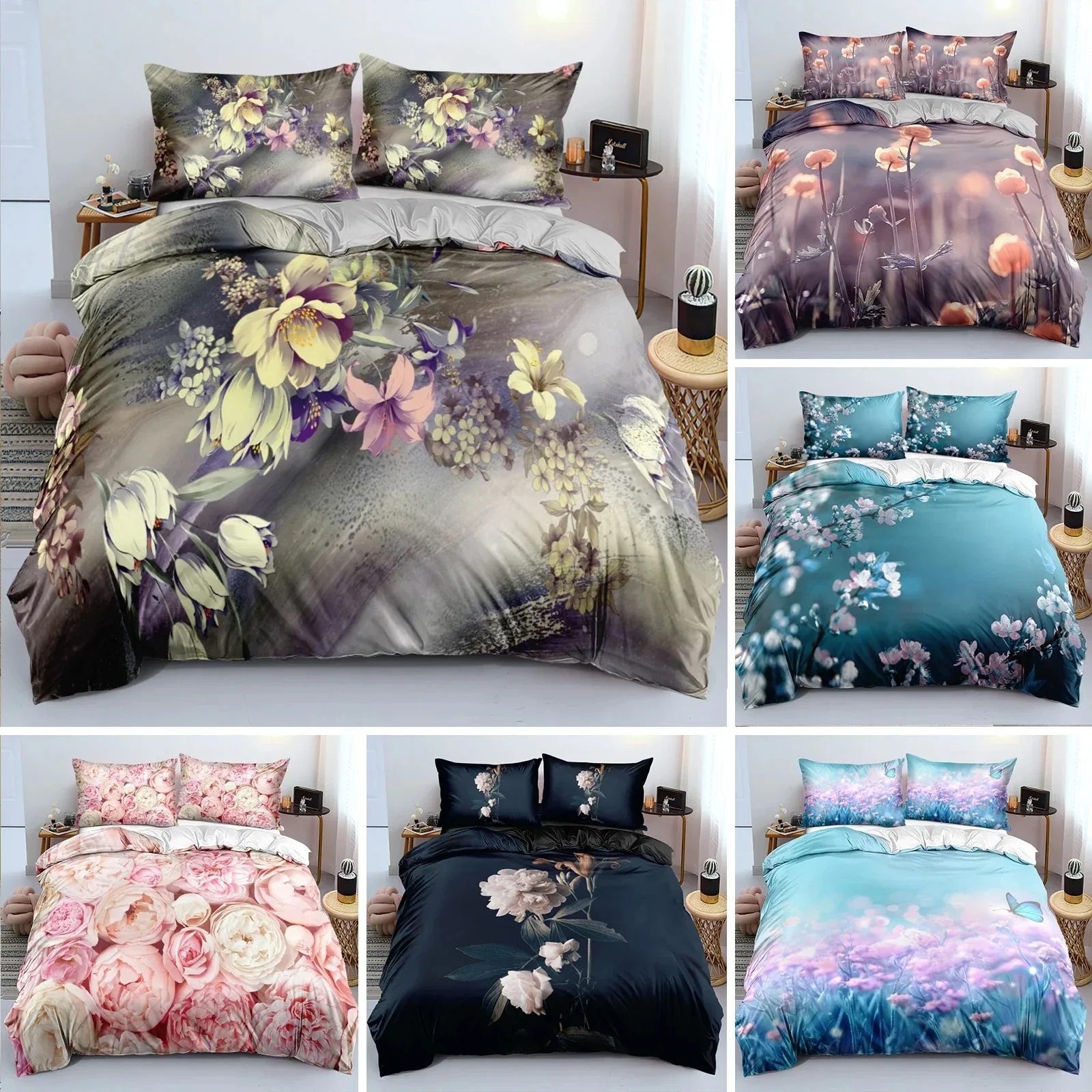 

3D Printed Classic Duvet Cover Sets Flower Blue Gold King Queen Full Twin Double Quilt Covers Pillowcases Bedding Set