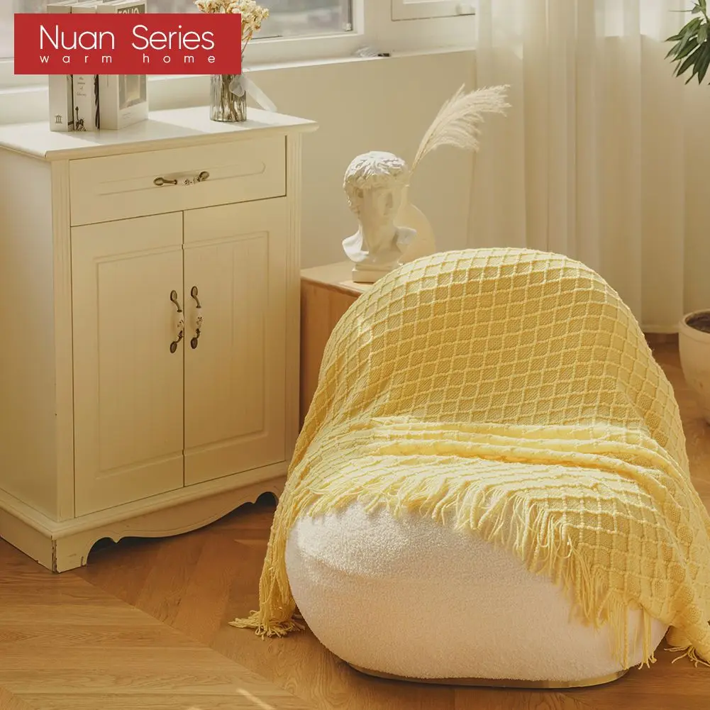 Tassel Plaid 100% Acrylic Blanket White/Beige/Yellow Super Warm Soft Comfortable Blankets Throw For Sofa/Bed Home Decor