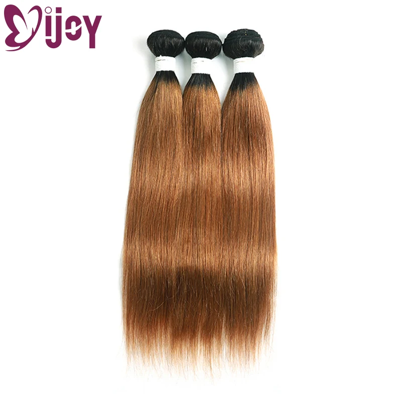 IJOY Bundel 3/4 Bundel Rambut Lurus Brasil dengan Penutup Ombre Coklat 1B/30 Bundel Rambut Manusia Remy dengan Penutup Renda