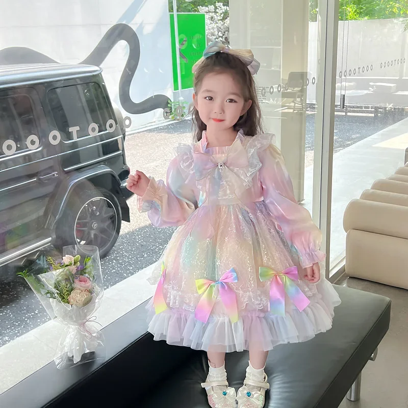 Girls Rainbow Lolita Dress New Fall Dress Long Sleeve Dress Girl Long Sleeve Princess Dress  Ropa De Niña  Girl Clothes