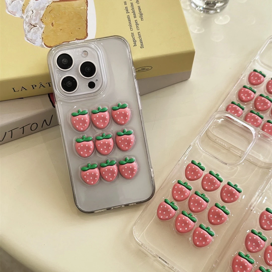 Casing Ponsel Tiga Baris Stroberi untuk iPhone 13 14 15 16 Pro Max Bingkai TPU Lembut Transparan Belakang Epoksi Bening Sampul Lucu