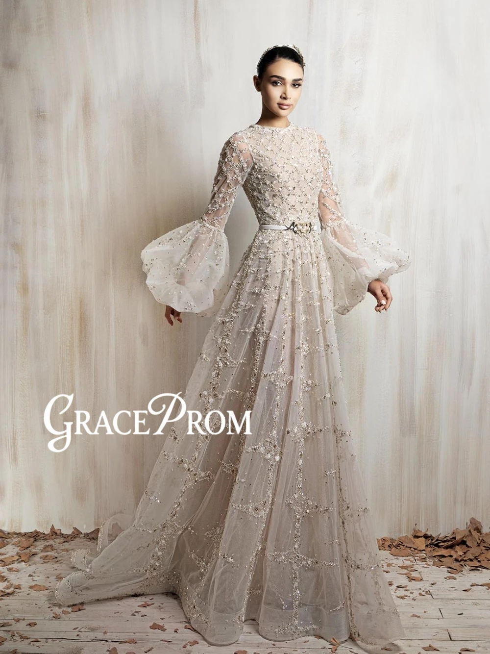 

Glam Long Puffy Sleeve A-Line Formal Customized Dress Beaded Sequined Dazzling Elegant Evening Gown For Wedding Prom Party