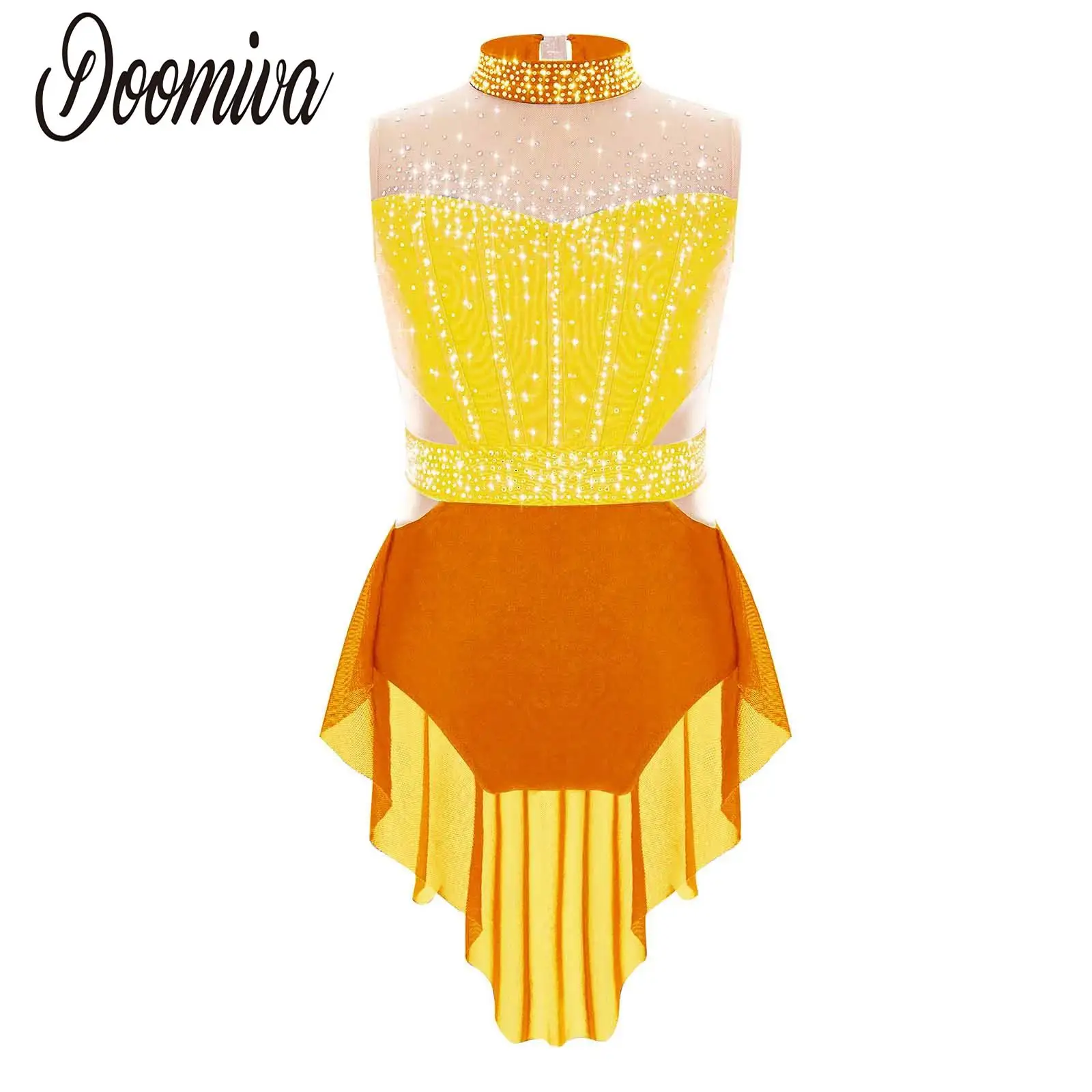 

Детские платья для лирических танцев для девочек, блестящие стразы, гимнастический сетчатый купальник без рукавов с юбкой из тюля, танцевальная одежда для катания на коньках