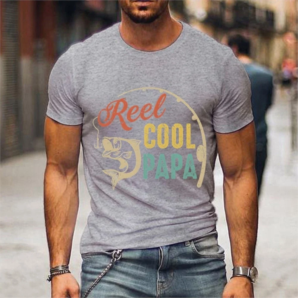 T Shirt for Men Reel Cool Papa Tshirt Summer Men Fishing Rod and Fish Pattern Round Neck Shirt Fashion Short Sleeve T-shirts