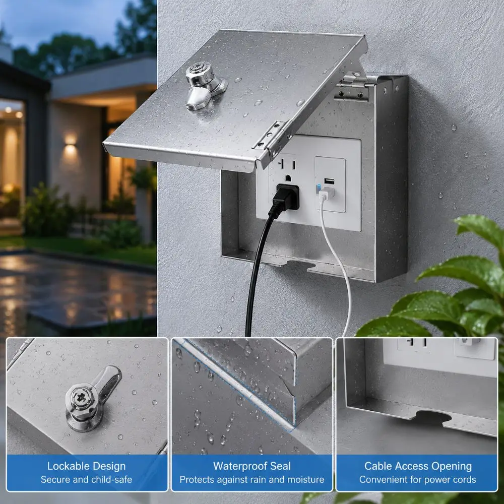 Professional Lockable Outlet Box Cover Anti-Theft Stainless Steel Protector Weatherproof Durable Protection Box Garage