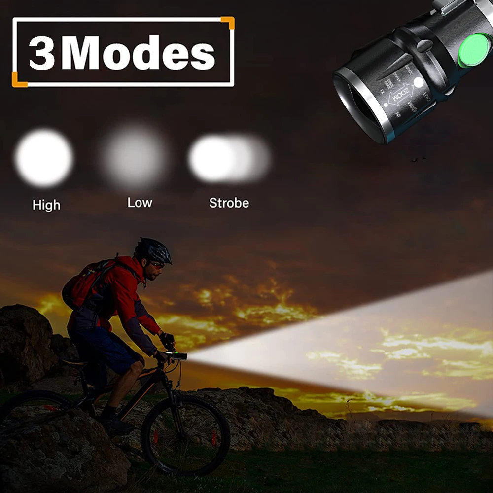 New Led Zoom Flashlight with Retractable Hidden Charging Lamp 3 Modes Tactical Torch Waterproof Lanterna Use 18650 Battery