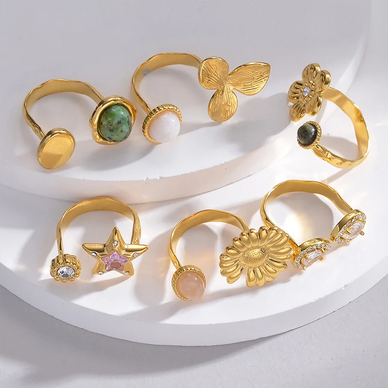 

Модное U-образное открытое кольцо из титановой стали с натуральным камнем, 18-каратное позолоченное водонепроницаемое неаллергическое ювелирное изделие на палец для женщин