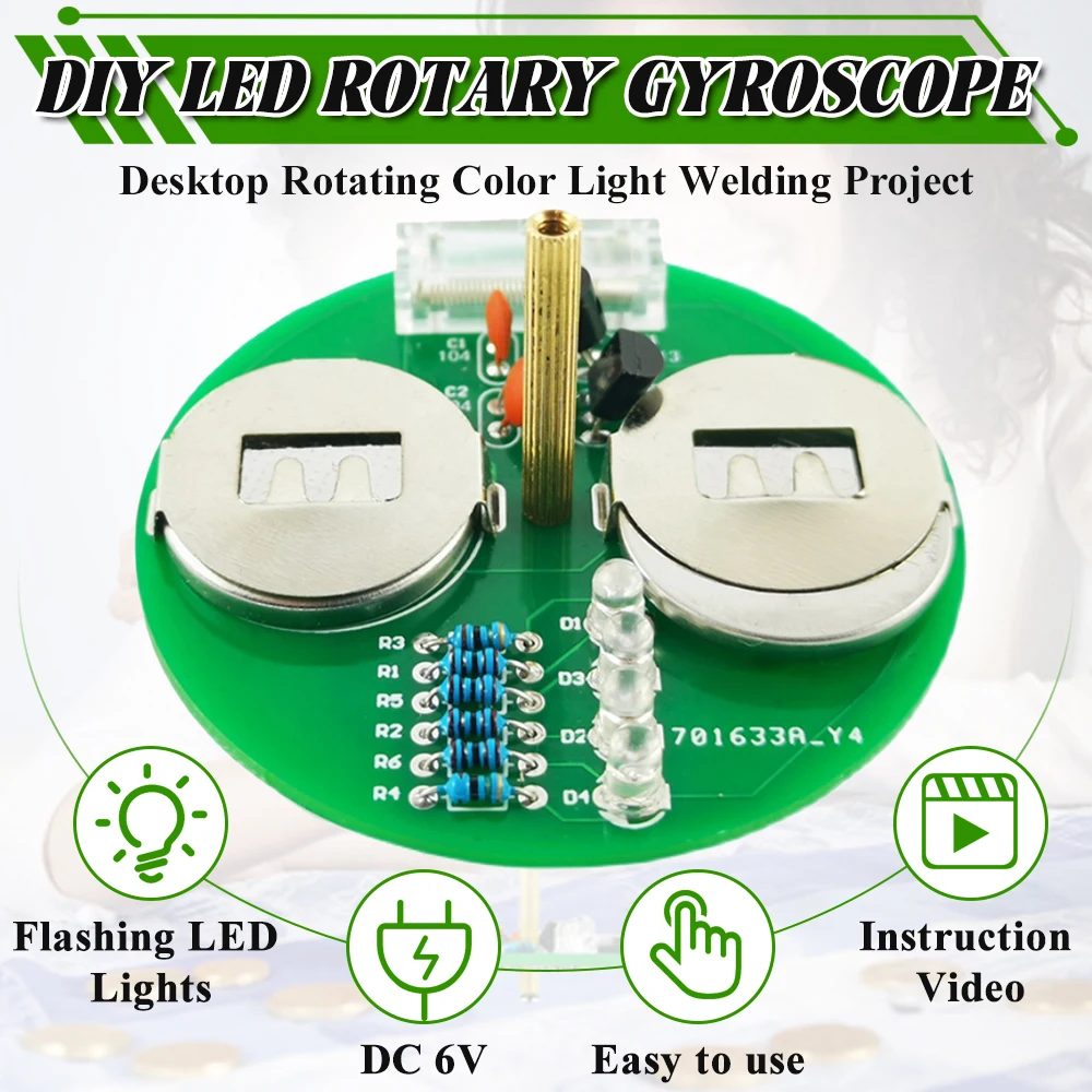 DIY LED Desktop Gyroscope Electronic Kit Triode Vibration Switch CR2032 Battery Circuit Board DIY Soldering Kit DC6V Powered