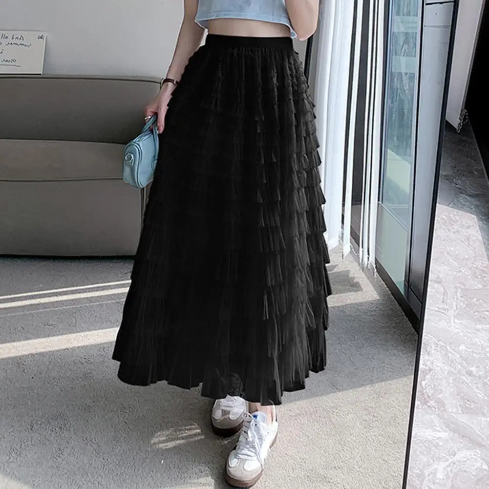 Solid Color Skirt Women's High Waist A-line Skirt with Multi-layer Gauze Mesh Splicing Elegant Elastic Waist Long Skirt