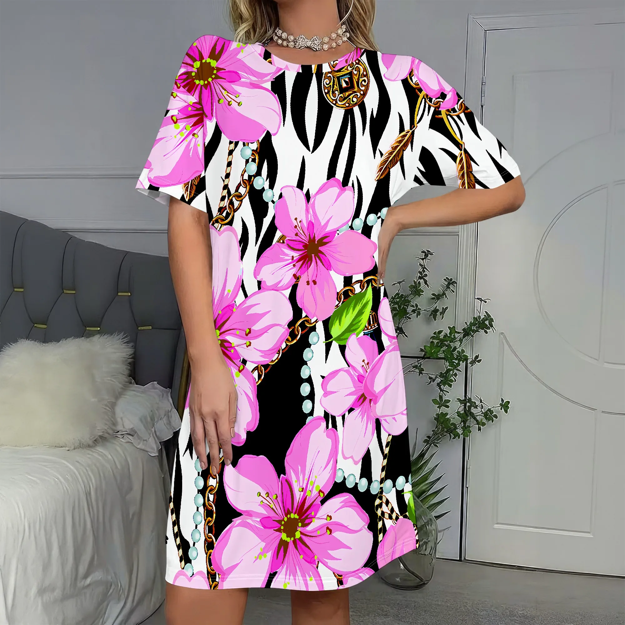 

Bold Floral Print, Short Sleeve Dress, Pink Hibiscus Zebra Stripes, Gold Chains Pearls, Summer Party Wear, S-2XL