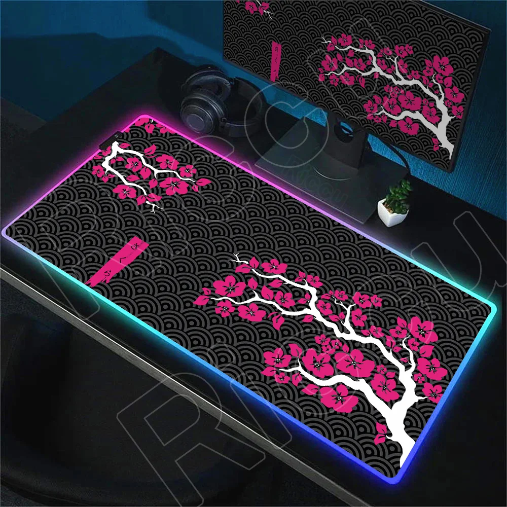 Kawaii Sakura RGB Mouse Pad Japanese Cherry Blossom LED Light Keyboard Deskmat Gaming Accessories 30x80cm Color Glowing Mousepad