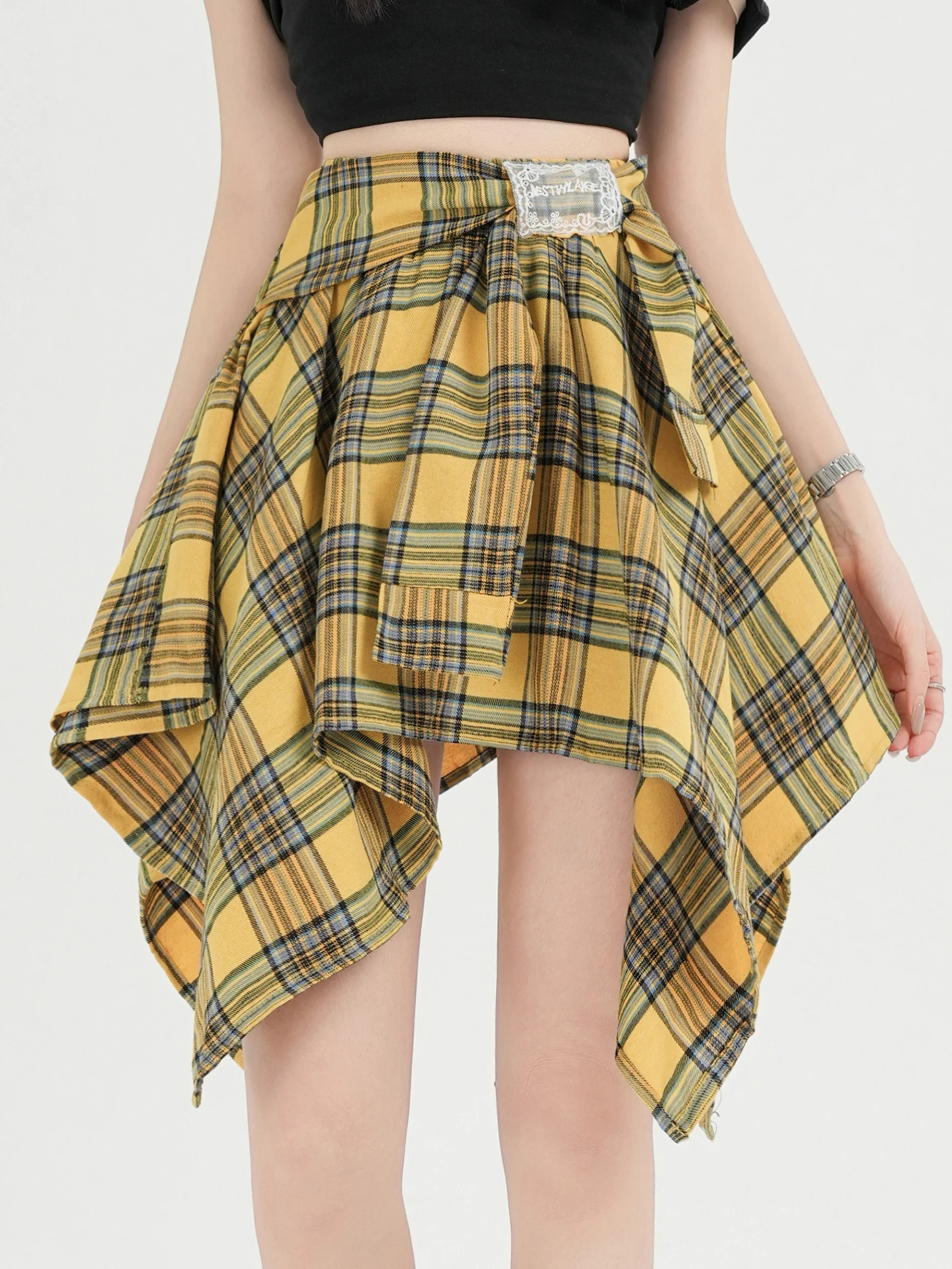 

Летняя юбка-трапеция с высокой талией в клетку для женщин, модная асимметричная юбка в стиле стрит-дэнс