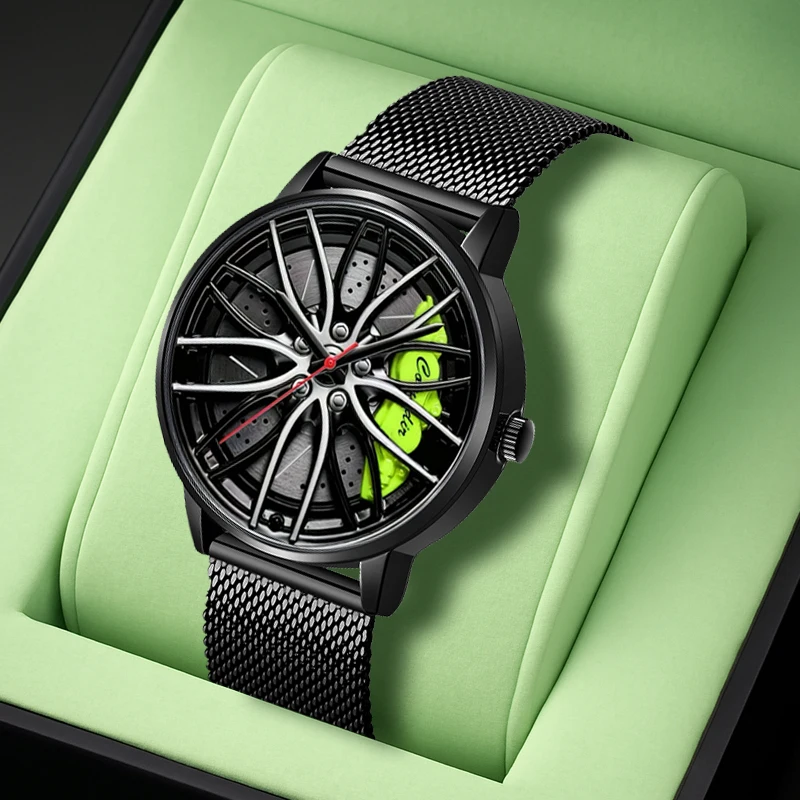 

Мужские черные сетчатые кварцевые часы с новым и простым круглым большим циферблатом и гоночным колесом.