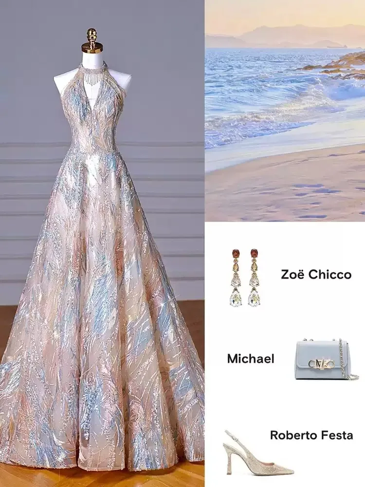 

Stunning Evening Dress Halter Backless Prom Gowns Shining Sequins Beaded Party Dress Real Pictures L&P DQL Studio