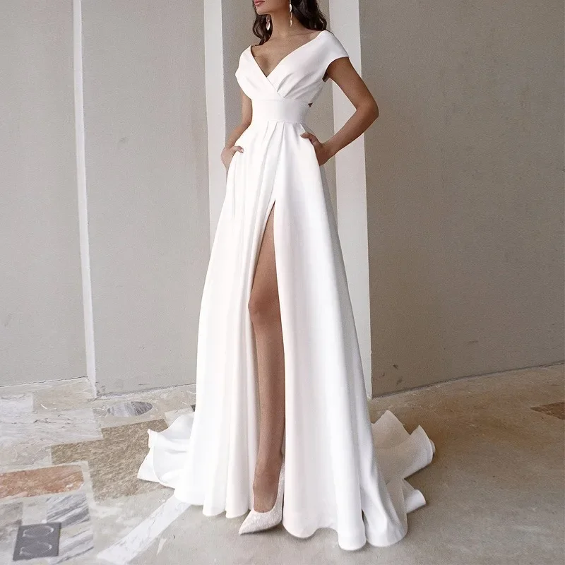 

2025 New Elegance Party Floor Dress Summer Women's Breast Wrap Ruffled Solid Split Mid-waist Temperament Commuter Long Dresses