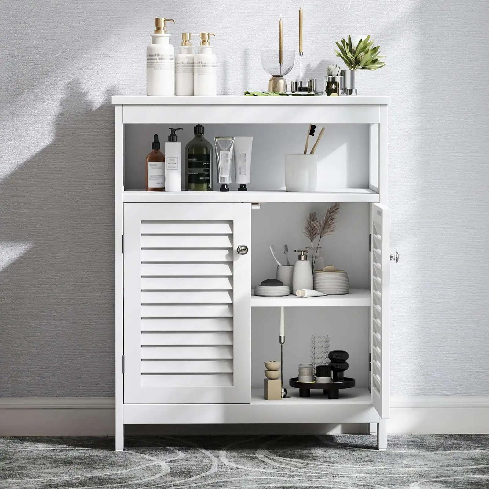

Bathroom Storage Cabinet White Water Proof Wooden Freestanding Cabinet with Removable Shelf Shutter Doors for Home Hotel White